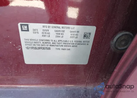 2015 Chevrolet Malibu 1Lz z USA, uszkodzony, nr VIN 1G11F5SL6FF267505